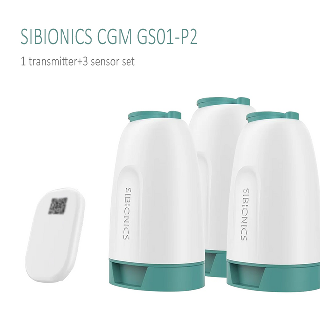 جهاز قياس نسبة السكر في الدم الديناميكي Sibionics GS01-P2، يتضمن جهاز إرسال واحد و3 مستشعرات، يكفي لمراقبة نسبة السكر في الدم لمدة 42 يومًا، مع تطبيق أندرويد.